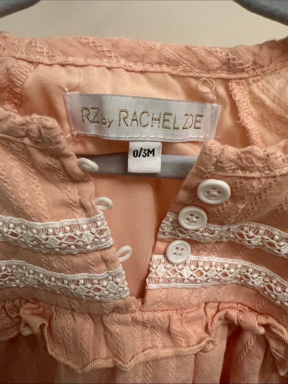 Rachel Zoe Peach Lace-Trim Long Sleeve Baby One-Piece